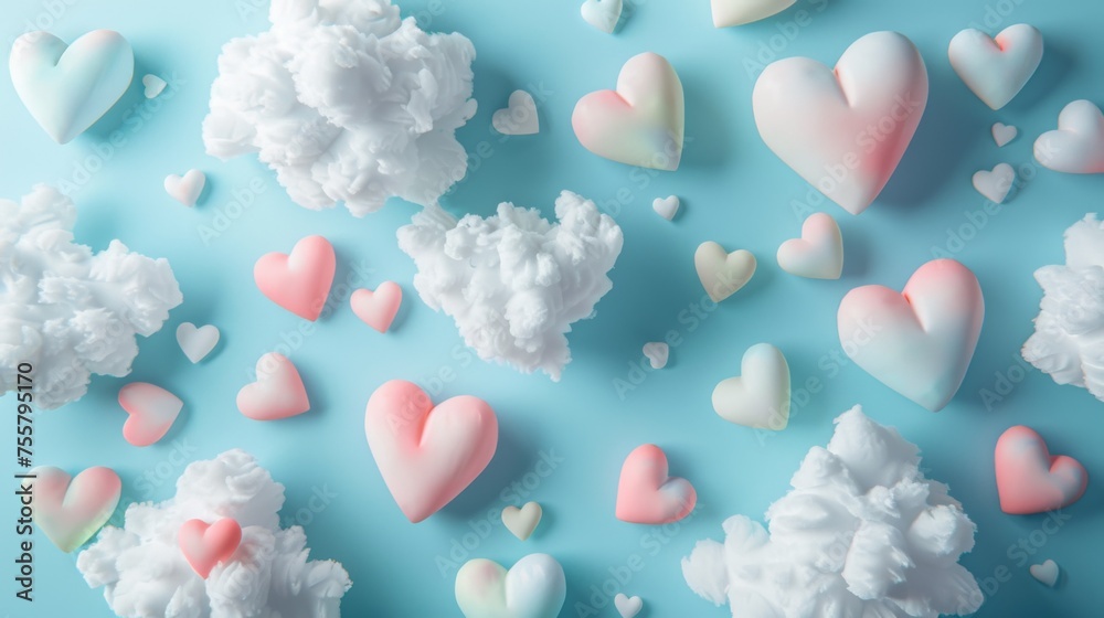 A bunch of hearts and clouds on a blue background, AI