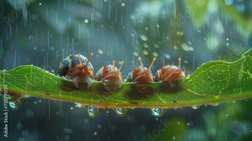 A group of snails are crawling on a leaf in the rain, AI