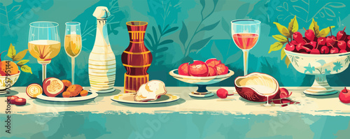 A table with a variety of food and drinks, including wine glasses, bowls