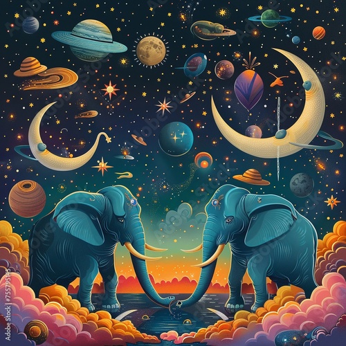 Elephants surrounded by celestial bodies as they contemplate the teachings of Dhamma cartoon style photo