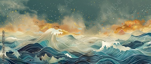 Endless waves of silver and gold adorn the cosmic landscape. cartoon style photo