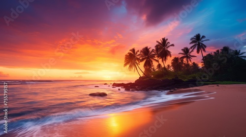 A tropical beach with colorful sunset hues