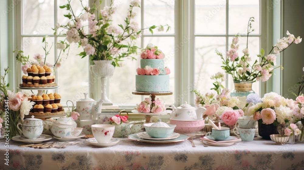 Fototapeta premium A vintage inspired tea party table with tiered cakes