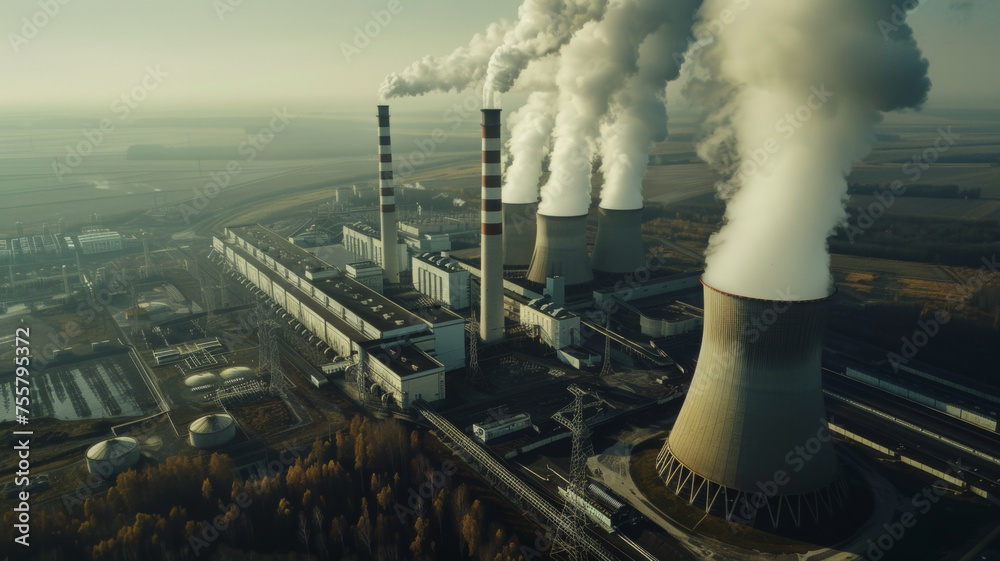 Industrial power plant exhausts steam and smoke, a symbol of energy production and pollution.