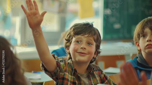 Wallpaper Mural A clever young boy eagerly raises his hand from his desk, offering  response to teacher. Torontodigital.ca