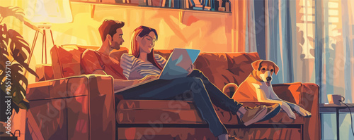 Couple chill dog love home lifestyle dwelling laptop leisure