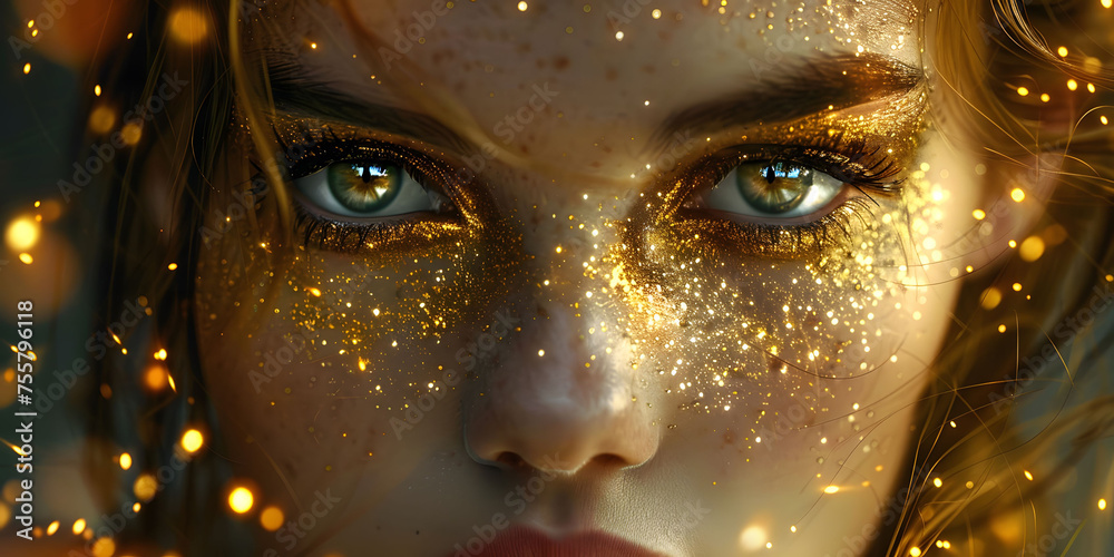 Macro and close-up creative make-up theme: beautiful female eye with golden shadows and yellow diamonds, retouched photo Macro and close-up creative make-up theme: beautiful female eye with golden shadows and yellow diamonds, retouched photo