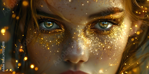 Macro and close-up creative make-up theme: beautiful female eye with golden shadows and yellow diamonds, retouched photo