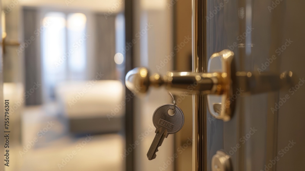 Obraz premium Opened door of hotel room with key in the lock