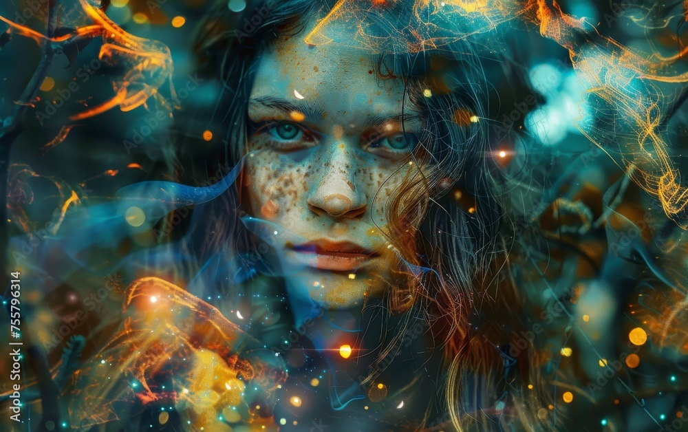 A young woman's face emerges from a mystical forest, surrounded by a swirl of glowing particles and vibrant colors. The image is enchanting and otherworldly.