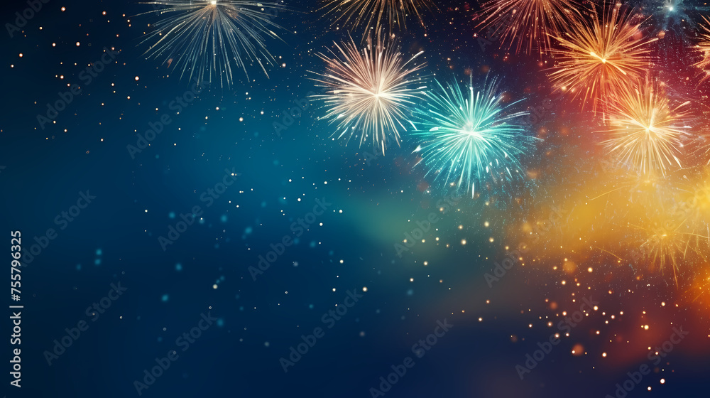 Happy New Year, burning fireworks with bokeh light background