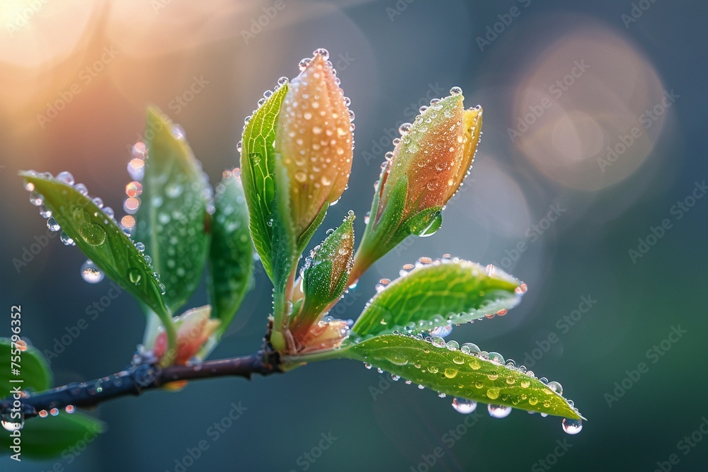 morning dew awakening on fresh green plants with bokeh background,