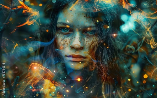 A young woman's face emerges from a mystical forest, surrounded by a swirl of glowing particles and vibrant colors. The image is enchanting and otherworldly. © Artsaba Family