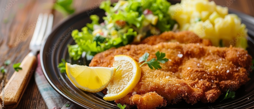 Delicious breaded fried fish served with lemon, fresh salad, and boiled potatoes on a dark plate. - obrazy, fototapety, plakaty 