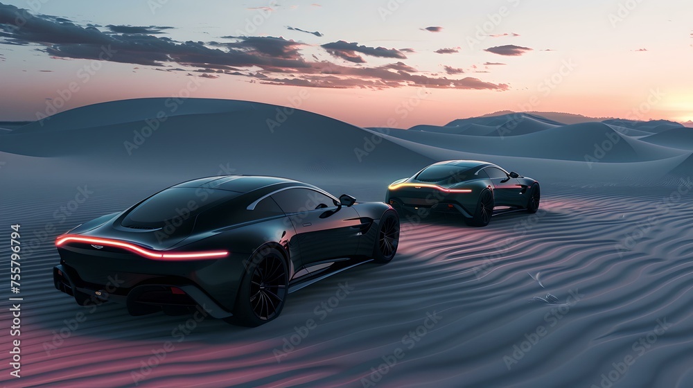 Futuristic electric cars cruising on desert dunes at sunset. concept vehicles and modern design in a serene landscape. innovation and style in motion. AI