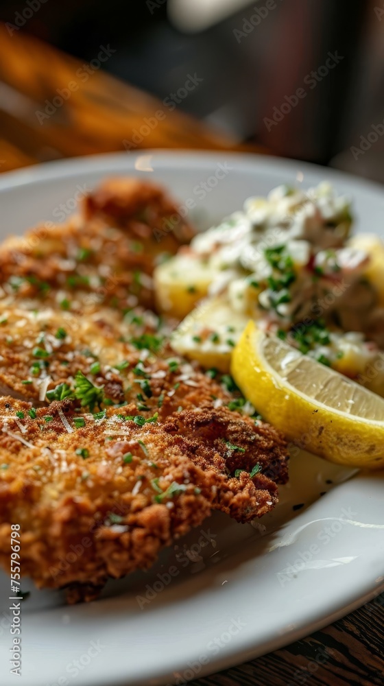 Close-up of a crispy schnitzel with lemon and parsley, served with potato salad on a dark plate.