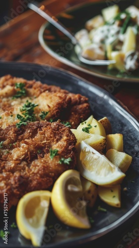 A close-up of a breaded and fried schnitzel with a lemon wedge and potato salad on a plate.