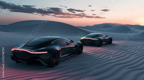 Futuristic electric cars cruising on desert dunes at sunset. concept vehicles and modern design in a serene landscape. innovation and style in motion. AI