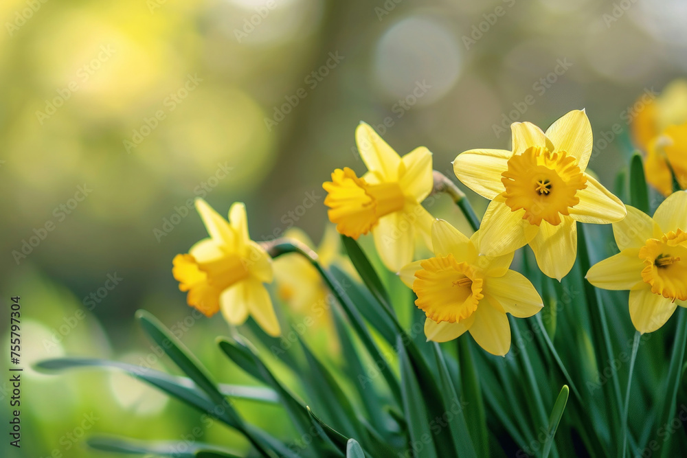 Beautiful Spring Landscape with Blooming Daffodils in Field Surrounded by Lush Green Trees