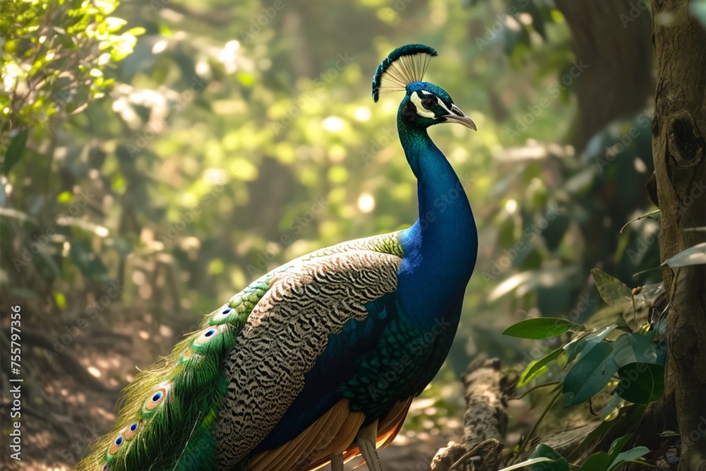 Elegant peacock stands in the midst of natural surroundings Elegant peacock stands in the midst of natural surroundings