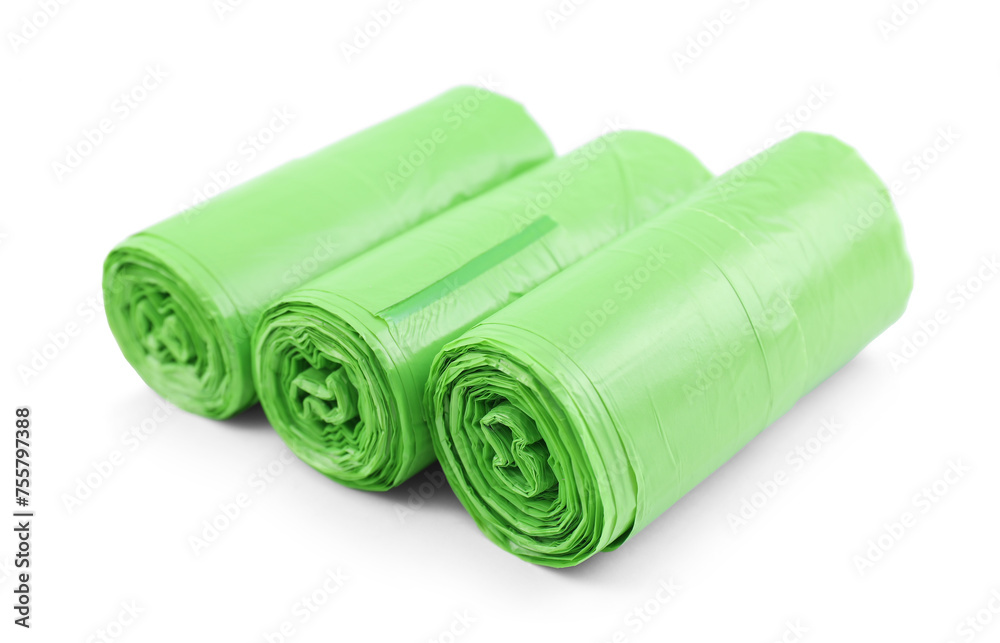 Rolls of light green garbage bags isolated on white Rolls of light green garbage bags isolated on white