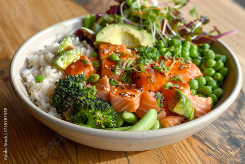 Side view of poke bowl salad. A nourishing dish consisting of a combination of salmon, avocado, broccoli, green peas, rice, and a side of fresh salad.