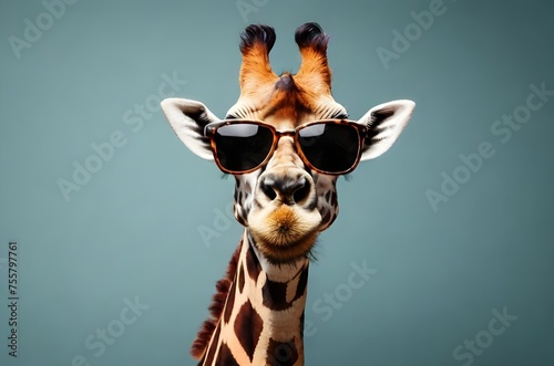 funny crazy giraffe wearing big sunglasses with copy space