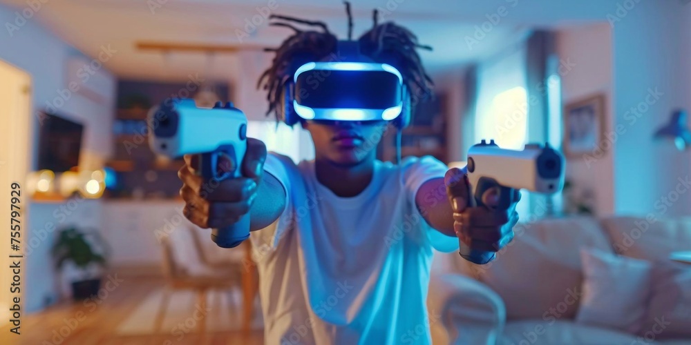 Young caucasian man streamer playing video game using virtual reality glasses and joystick at gaming room Young caucasian man streamer playing video game using virtual reality glasses and joystick at gaming room