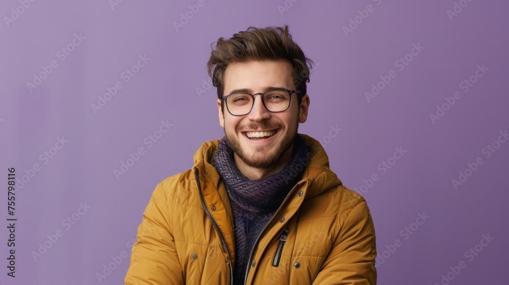 Portrait of a smiling man in jacket in the center on a clear purple studio background Portrait of a smiling man in jacket in the center on a clear purple studio background