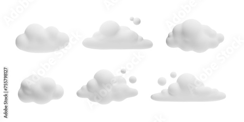 Set of white 3d cloud icons, vector cartoon weather forecast cloudy symbol, realistic design elements plasticine texture