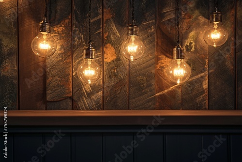 Dark classical interior design with retro hanging light bulbs
