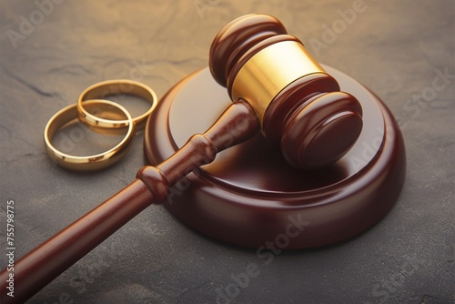 Divorce proceedings concept with judges gavel and wedding rings