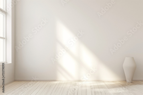 Empty room with a large window. Mockup of a white wall with and wooden floor. Realistic illustration photo