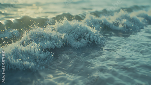Breathtaking sea foam textures captured as gentle waves break at the shore's edge.