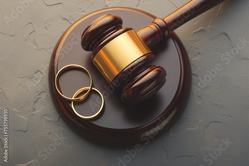 Legal theme Judges gavel and wedding rings on grey background