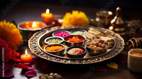 Diwali puja thali with sacred offerings and incense