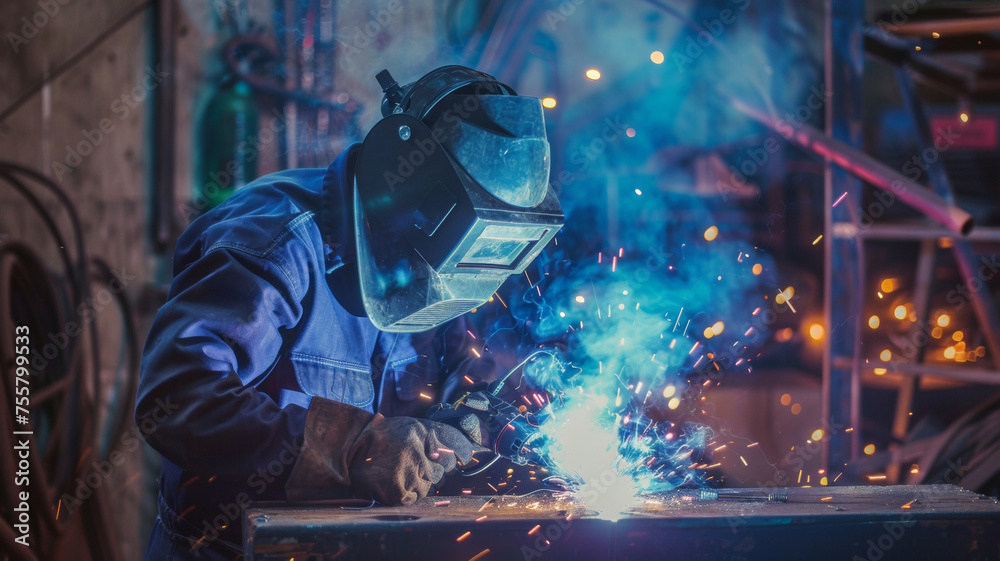 Fototapeta premium A welder focused on creating sparks while working metal.