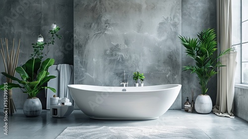 A modern bathroom with a large soaking tub, a gray and white color scheme, and a few plants. The room is decorated with a minimalist design and a few abstract paintings.