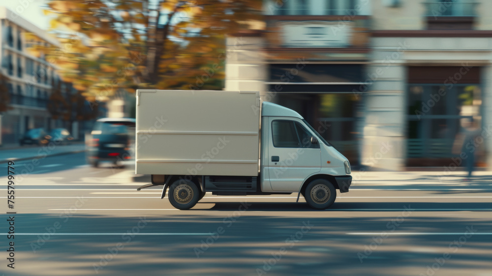 Delivery van speeding through city streets on a swift errand.