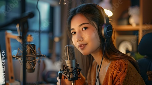 Young asian female podcaster recording in a home studio. captivating content creation, modern digital media production. illuminated warm setting. AI photo