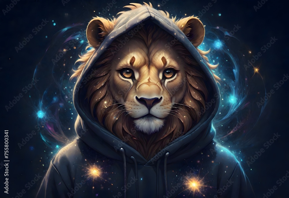 Anthropomorphic Lion Character in Hoodie with Ears, Magical Lighting, Generative AI Anthropomorphic Lion Character in Hoodie with Ears, Magical Lighting, Generative AI