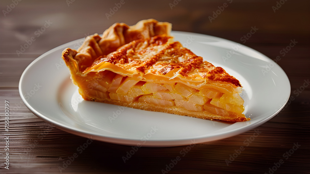 Golden homemade apple pie slice on plate