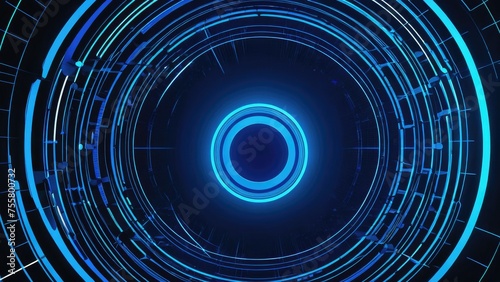 Blue glowing circles create a web of minimal, round lines on an abstract, futuristic tech background, vector digital art, use of gradients to suggest depth, lines intersecting at varying angles