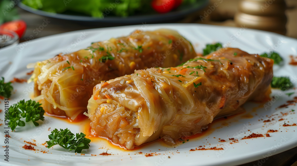 Savory stuffed cabbage rolls on plate Savory stuffed cabbage rolls on plate