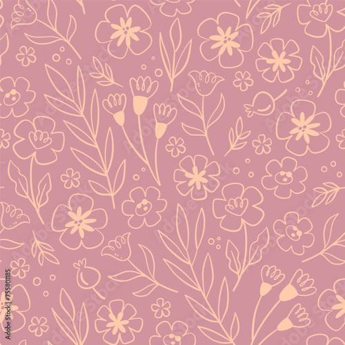 Floral seamless pattern in warm pink tones. Doodle style. Seamless pattern with line art flowers. Vector illustration.