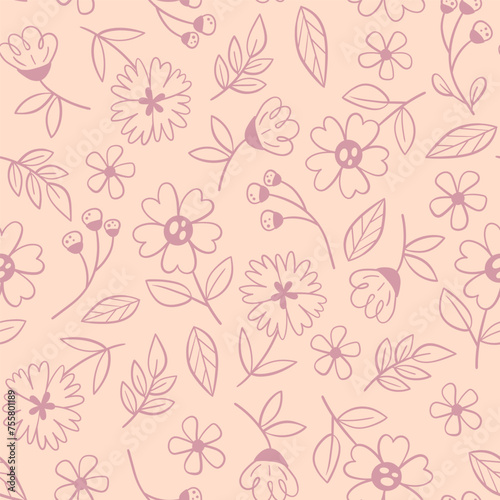 Floral seamless pattern in warm light tones. Doodle style. Seamless pattern with line art flowers. Vector illustration.