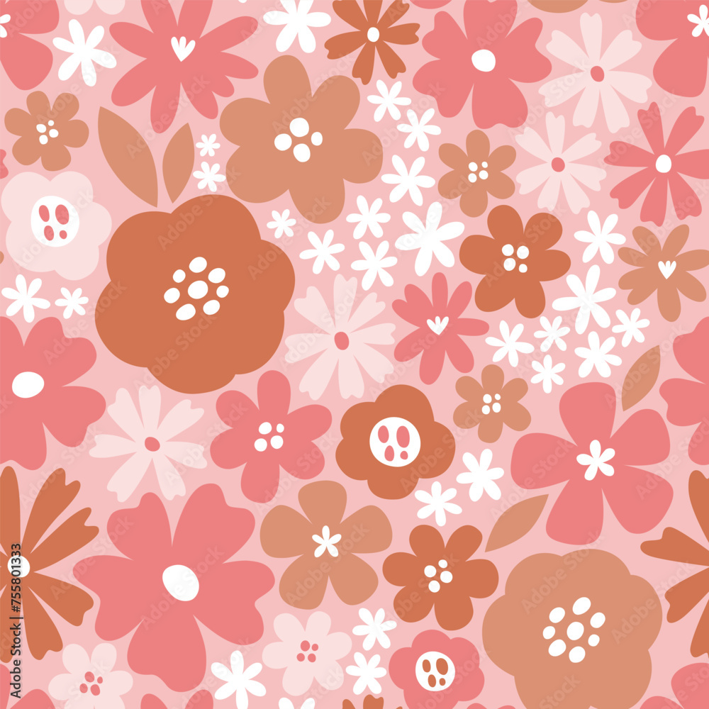 Scandinavian floral seamless pattern with romantic pink tones. Flowers isolated on pink background. Cute vector illustration.