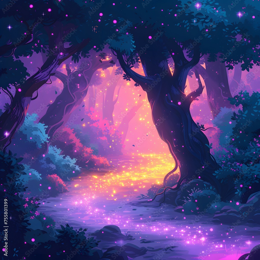 Magic Forest Background: Enchanted trees, mystical creatures, and sparkling fairy dust create a whimsical atmosphere in a magical forest.