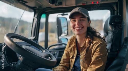 A cheerful young female trucker, truck driver, sitting in the cabin behind the wheel, smiling into the camera