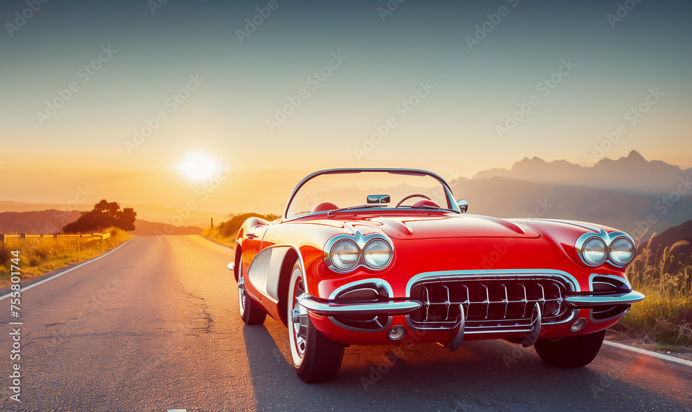 Red vintage convertible car on open road at sunset. Travel and adventure concept for poster, wallpaper. Wide-angle shot with copy space.